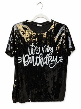 It’s My Birthday Sequin Top Shirt NEW Why Dress Short Sleeve Black M